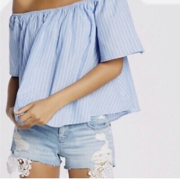 Express Blue Striped Off-Shoulder Top Size S - Picture 6 of 6